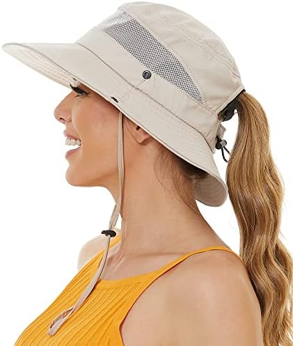 Chapéu de sol com rabo de cavalo para mulheres, Sun UV Protection UPF50+ Hat de caminhada de safari à prova