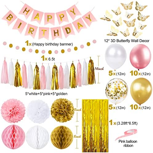 Decorações de festas de aniversário rosa e dourado para mulheres com bandeira de feliz aniversário, cortinas, parede de borboleta, guirlanda círculo, pompons de tecidos, papel com borla de papel aniversário para ela
