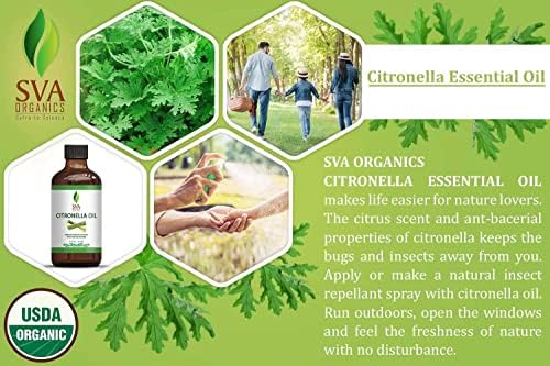SVA Organics Citronela Oil essencial USDA Organic 4 oz Oil de grau terapêutico natural puro para pele, corpo, difusor,