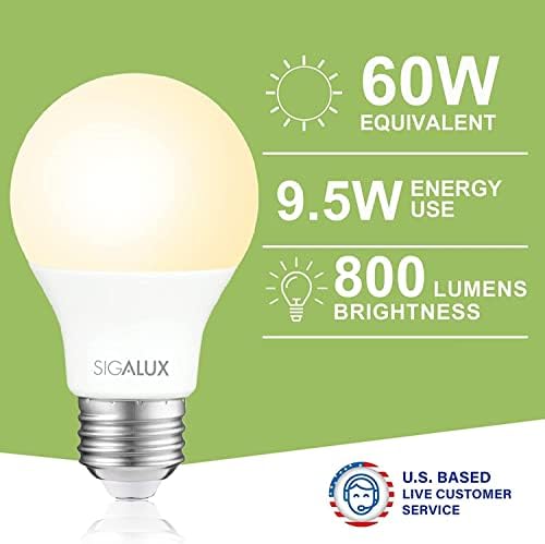 Lâmpadas LED de LED de 60 watts Sigalux A19 lâmpadas padrão equivalentes 2700k quentes e não minimizáveis ​​com eficiência de 9,5w lâmpada branca macia LED com base média E26, 800 lúmens, UL listados, 4 pacote de 4
