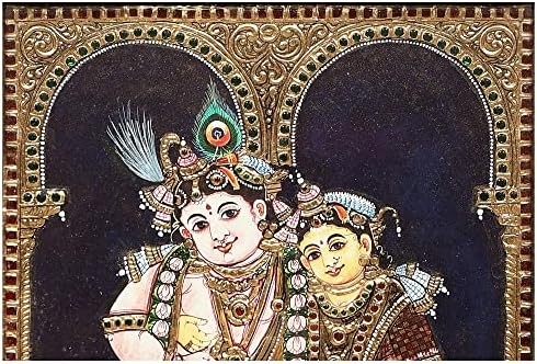 Índia Exótica Radha Krishna Tanjore Pintura | Cores tradicionais com ouro 24K | Quadro de teakwood | Ouro e madeira | H