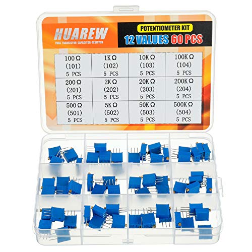 Huarew 12 Valores 60 PCs 3296W Potenciômetro multiturno de multiturno 100-500 K ohm azul 3296 Kit de sortimento de resistor de variável de ajuste superior