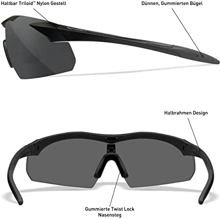 Wiley x Vapor Balístico Glass Sunglasses Matte Black Frame com lente cinza, claro e leve Lens intercambiável