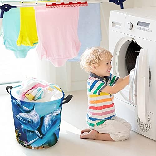 Foduoduo Cesta de lavanderia marinha mundial de golfinhos cesto de lavanderia com alças Saco de armazenamento de roupas sujas dobráveis ​​para quarto, banheiro, livro de brinquedos
