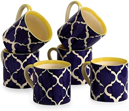 Exclusivene 'Ocean Caffeine Hangouts' Cups de chá de cerâmica | White & Blue, 200ml | Conjunto de 6 | Copos de chá pintados à mão | Canecas de café para bebidas quentes/frias | Seguro do microondas | Presente ideal para inauguração