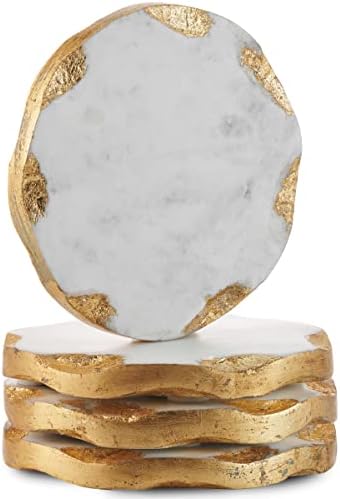 Godinger Round Coasters Gold Edge, montanha -russa de mármore, proteção de mesa, conjunto de 4