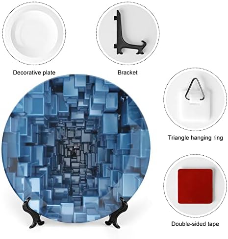 Ligutars Placa de exibição de cerâmica, decoração abstrata Cerâmica Placa decorativa pendurada, cubos quadrados dimensionais de estilo digital brilhante, 7 polegadas, placa de cerâmica personalizada, azul