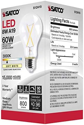 Lâmpadas de filamento de LEDs Satco Dimmable, S12415, lúmens altos, 8 watts, A19; Claro; Base média;