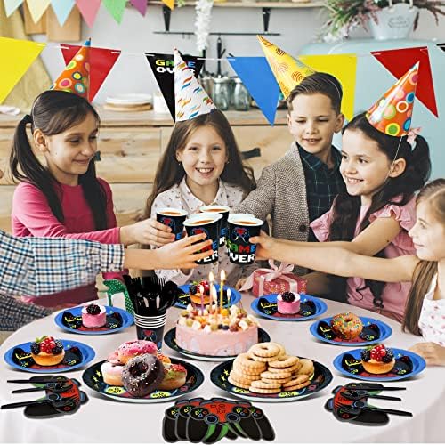 Dylives Video Game Party Supplies, Decorações de festas de aniversário para meninos Favores de festas infantis - Incluir pratos de papel Banner, 9 e 7, copos, guardanapos, talheres