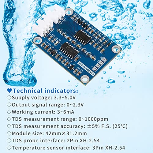 Módulo de sensor de detecção de qualidade de água TDS de TDS com XH2.54-3pin Solded Solids Module Soldes de alimentação Tensão 3,3 ~ 5,0V Detecção de qualidade da água Adequada para o testador de arduino/51/stm32/diy TDS TDS
