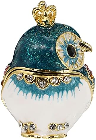 Vosarea OWL Caixa de bugigangas de metal pintado à mão Caixa de jóias de jóias Anéis de cristais esmaltados Brincos Brincos Contêiner de armazenamento de armazenamento Animal Presente colecionável para decoração de casa azul