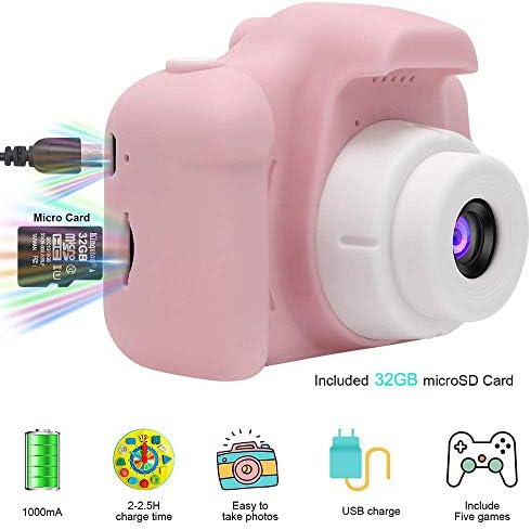 Câmera infantil VJJB, Câmera Digital Childrens Mini Presentes de Câmeras de Câmeras de Video Choques à prova de choque para criança de 3 a 8 anos de idade com cartão de memória de 32 GB para o aniversário-rosa