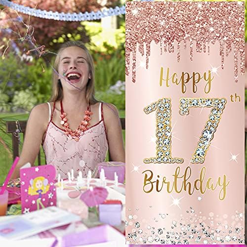 Feliz 17º aniversário da porta de aniversário decorações para meninas, ouro rosa rosa 17 anos