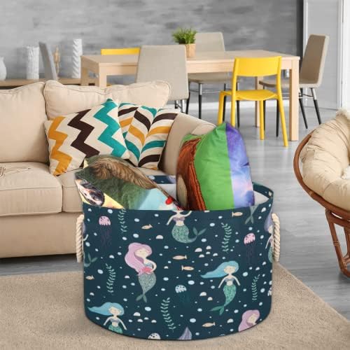 Mermaid Ocean Sea Animal Grande cestas redondas para cestas de lavanderia de armazenamento com alças cestas