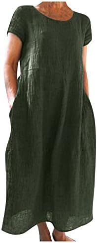 Mulheres vestidos para o verão feminino casual coloração sólida manga curta costura de pescoço de bolso solto vestido de linho de algodão