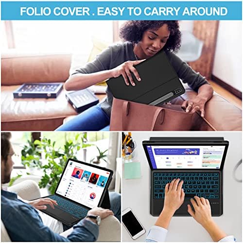 Galaxy Tab S8 Plus/S7 Fe/S7 Plus 12,4 Case com teclado, Touchpad inteligente, Tipo -C Rechargable, 7 cores Teclado de trackpad iluminado por backpad para Galaxy Tab S8 + 2022/S7 Fe 2021/S7 + 2020 - Black