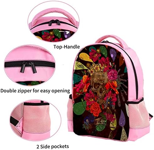 Mochila VBFOFBV para mulheres Daypack Laptop Backpack Travel Bolsa Casual, Skull e Flower Rose Vintage Cool