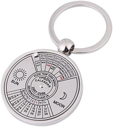 Keychain de calendário, 50 anos de metal perpétuo calendário anel 2007 a 2056 Keychain do calendário Sun and Moon