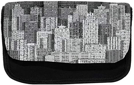 Caixa de lápis lunarable de Nova York, arranha -céus de vista para elevação, bolsa de lápis de caneta com zíper duplo, 8,5 x 5,5, cinza -carvão branco e cinza