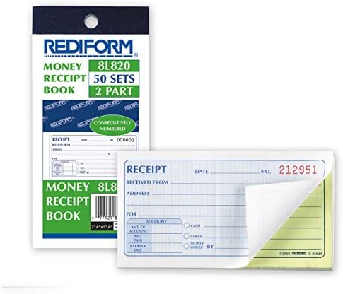 Livro de recibo de dinheiro rediforme, 2,75 x 5,625, 50 duplicados numerados