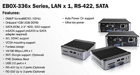 Mini Box PC EB-3360-C1P suporta saída VGA, porta MPCIE x 1, porta RS-232 x 1 e energia automática ligada.