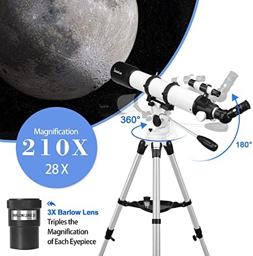 Telescópio 90x700, telescópios para astronomia de adultos, telescópio profissional de refractores para crianças e iniciantes, telescópios astronômicos da AZ com adaptador de telefone e tripé para visualizar a lua ， planetas e nebulosas