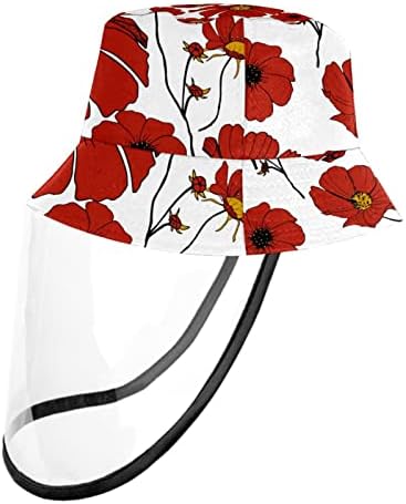 Chapéu de proteção para adultos com escudo facial, chapéu de pescador anti -sun tap, gesang flor vermelha vintage floral branco
