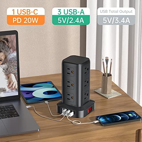 PD 20W USB C Power Strip Surge Protector, Mini Power Strip Tower Travel 12 AC 4 Faixa de energia USB com portas USB Proteção de sobrecarga de 6,5 pés para o escritório em casa