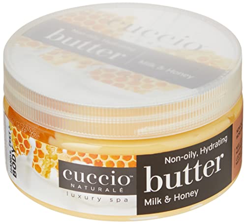 Misturas de manteiga Cuccio Naturale - Creme corporal com perfume ultra -zumido, renovador e suavizante - hidratação profunda para reparo de pele seca - feita com ingredientes naturais - leite e mel - 8 oz