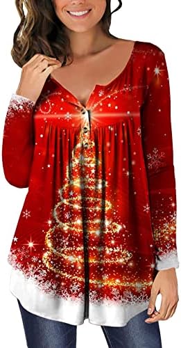Camisola de árvore de Natal iluminada Mulheres escondem a barriga Henley Shirt Button Up Casual Casual Long