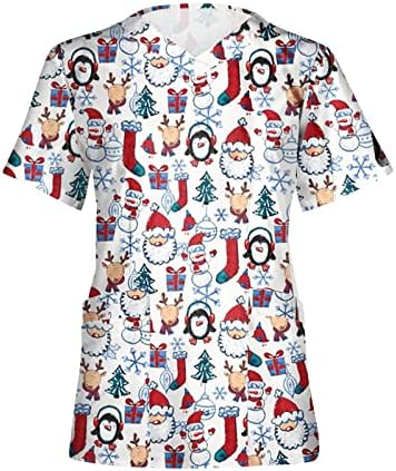 Swrowesi Natal uniforme de trabalho para feminino impressão de manga curta V Blusa de limpeza solta Tops