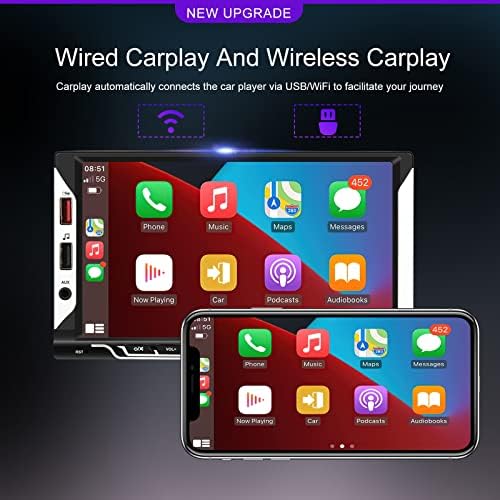 Double Din Car CarPlay Apple CarPlay Apple Android Auto -Touch Tela Touch Screen Espelho de áudio Link Bluetooth 5.1 FM Rádio dupla de entrada USB Eq Botão colorido +Backup Camera & Remote & Mic
