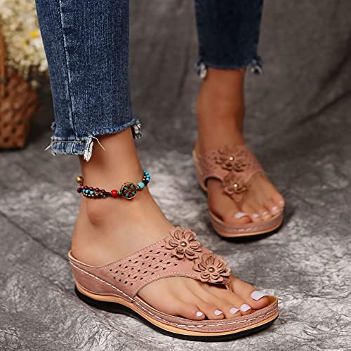 Qunkii sandálias confortáveis ​​para mulheres, sandálias de tira T feminina sandálias planas vintage boho chinelos de praia ao ar livre