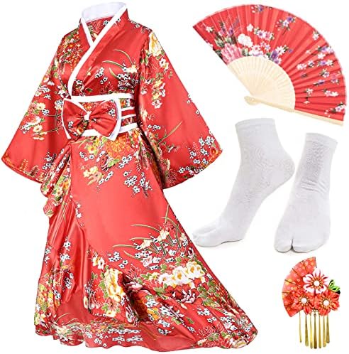 Elibelle Women's Kimono Robe Geisha Yukata Sweet Sweet Tuxedo Ruffle Dressom Blossom Satin Robe Sleepwear Fãs Tabi Setes