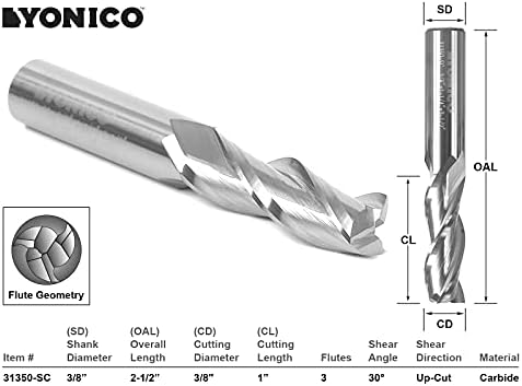 Yonico Upcut Bits Bits Spiral 3 Flauta Solid CarboneL CNC Fim Mill 3/8 de polegada DIA. Shank 31350-SC de 3/8 polegadas