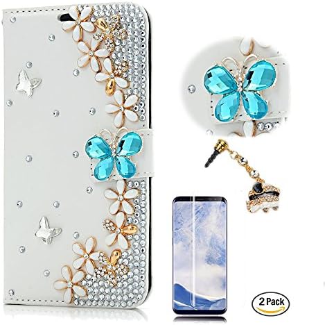 STENES GALAXY S9 CASO - ENLISHO - 3D Flores de borboleta feitas à mão Flores de carteira floral caça -níqueis dobráveis ​​capa de couro de elefante preto pó de poeira, protetor de tela para Samsung Galaxy S9 - Azul