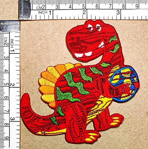 Kleenplus engraçado dinossauro costurá ferro em remendo apliques bordados artesanato artesanal roupas de vestido de vestido chapéu jeans stand de dinossauro vermelho segurando o ovo de desenho animado reparo decorativo