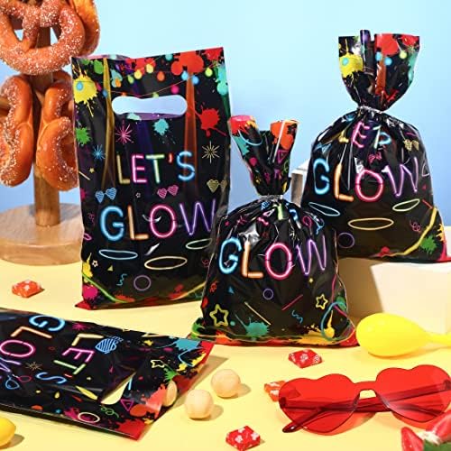Pajean 100 peças Let's Glow Party Sachs in the Dark Supplies Neon Goodie Candy With Die Cut Handles Tream Presente para crianças Aniversário Decorações de chá de bebê