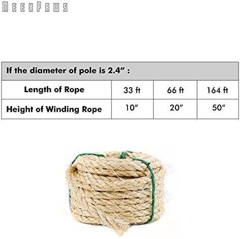 Meexpaws Substituição de corda de sisal natural natural para postes de arranhões de gatos | Fitas adesivas para enrolamento fácil e apertado | 1/4 “Diâmetro | Brown | 33 pés