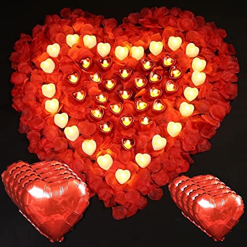 4000 pétalas de rosa artificiais com 48 luzes de chá sem chamas, velas LED, 10 balões de papel alumínio, kit romântico à luz de velas para presentes do dia das mães Decoração de mesa de casamento da proposta noturna romântica