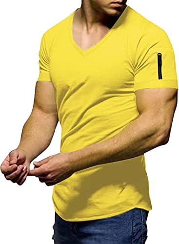 Camisetas de cor curta de cor curta e elástica de decote em V masculino