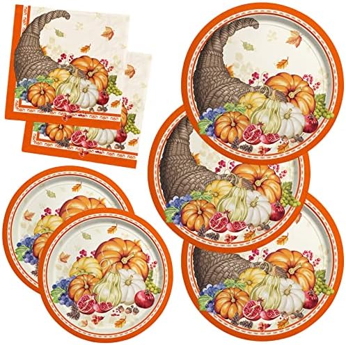 Kit de abastecimento de festas de abóbora de abóbora de outono Gatherfun inclui pratos de jantar de papel descartável de cornucópia, pratos de sobremesa e guardana