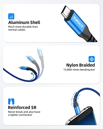 SunGuy curto Micro USB Cable 6inch [3pack], 0,5 pés 18W USB a micro USB Cabo de carregamento rápido USB 2.0 Data Sync Nylon trançado para Samsung Galaxy S7 Edge S6, Power Bank, Android Telefone, PS4 Blue