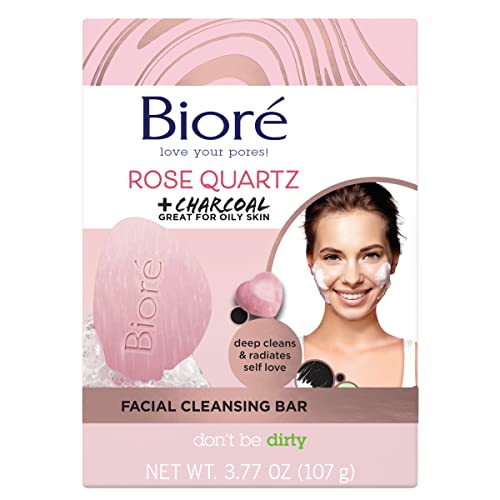 Bioré Rose Quartz + Barra de limpeza facial a carvão, lavagem diária de rosto, livre de óleo, dermatologista testado, não comedogênico, sem crueldade, amigável vegano