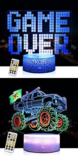 Monster Truck Night Light+Game Over 3D Night Light ， 7 Cores Mudando com Decoração Remota de Remo