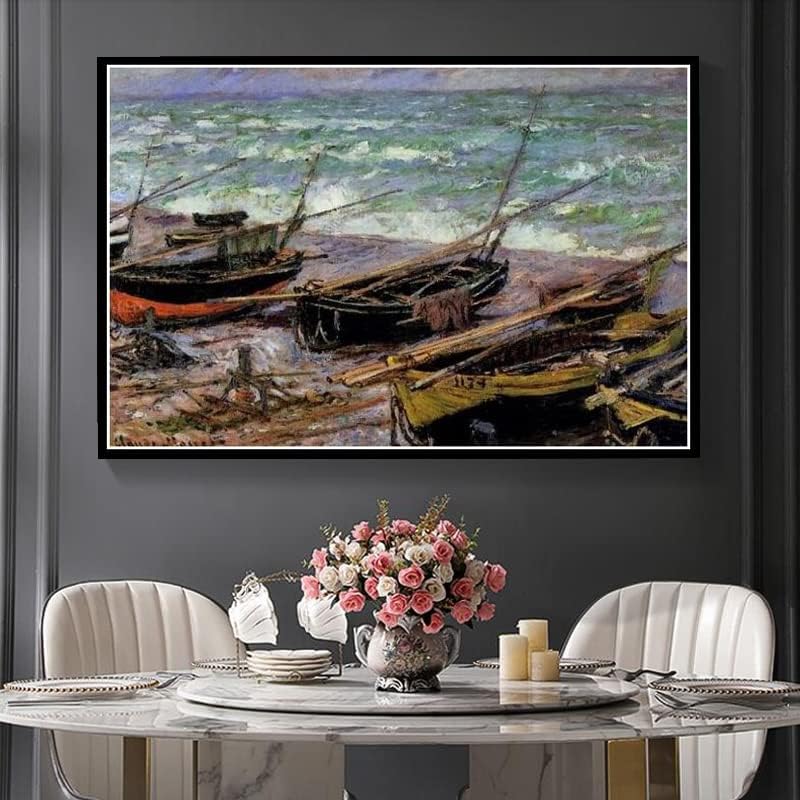 Barcos de pesca à beira da praia e as falésias de Poadville Painting de Claude Monet Diamond Painting