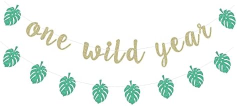 Um banner de um ano selvagem com folhas de palmeira verde -tema tropical Primeiro festas de aniversário Garland 1ª festa de festas decorações de decorações