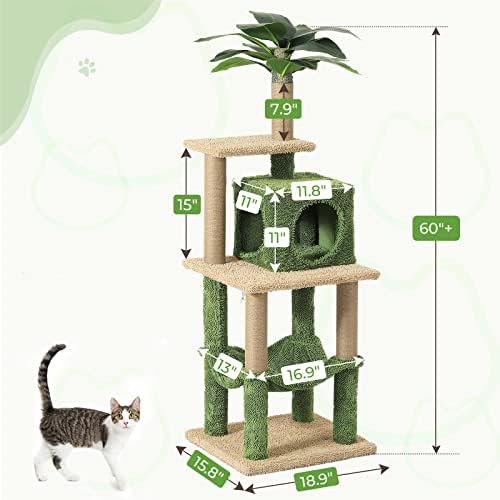MSMASK CAT TREE, 60 polegadas de gato Torre com postes de arranhões, condomínio de gatos, plataforma superior, rede grande, casa de jogo de gato com folhas de palmeira artificial, bola de pelúcia