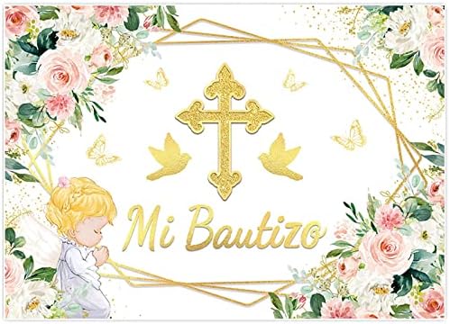 Allenjoy 82 x 59 cenário de batismo floral rosa e dourado para bebê menina mi bautizo butterfly pombo de 1ª festa de aniversário suprimentos decoração banner boot