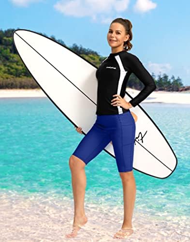 Shorts de natação de cintura alta feminina da Santiny com bolsos upf50+ shorts de natação de placa